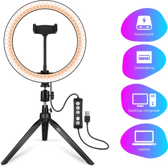 Studio ME Mehrfarbige Ringlampe mit Stativ - 10 Zoll/25 cm - RGB-Lampe - Ringlicht mit Stativ - Bluetooth - Telefonhalterung - Fernbedienung - USB - TikTok Lampe - Ringlicht