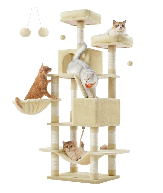 JoyFurnos Kratzbaum XXL 168 cm – Kratzbaum mit 13 Kratzstämmen, 2 Katzenhöhlen, Hängematte und Korb – Beige