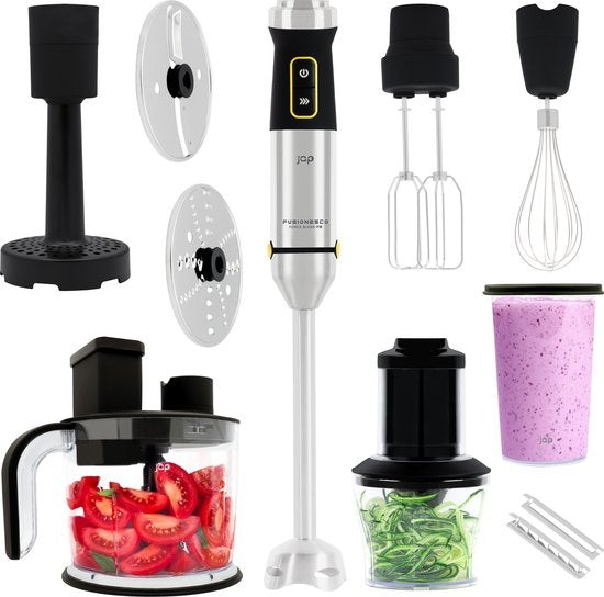 JAP Appliances ForceBlend F3 - 7in1 Stabmixer-Set (1500W) - Inklusive Küchenmaschine, Messbecher, Spiralschneider, Schneebesen und Rührbesen - Für Suppe, Fleisch, Smoothies und Baby-Snacks - Schwarz/RVS