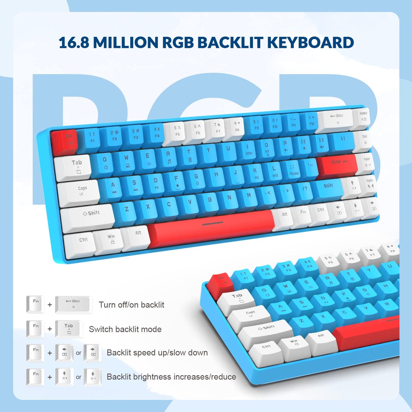YINDIAO T8 60 % Gaming-Tastatur, 68 Tasten, kompakt, kabelgebunden, mechanische Mini-Tastatur mit 18-farbiger Chroma-RGB-Hintergrundbeleuchtung, rote Schalter, USB-C-Spiralkabel, für PC, Mac – hellgrau