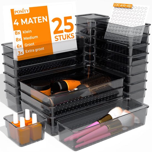 Posity Drawer Organizer - 25 Stück - Organizer Trays - Drawer Trays - Storage Trays - Make-up Organizer - Für Küche, Bad & Büro - Kunststoff - Schwarz Transparent