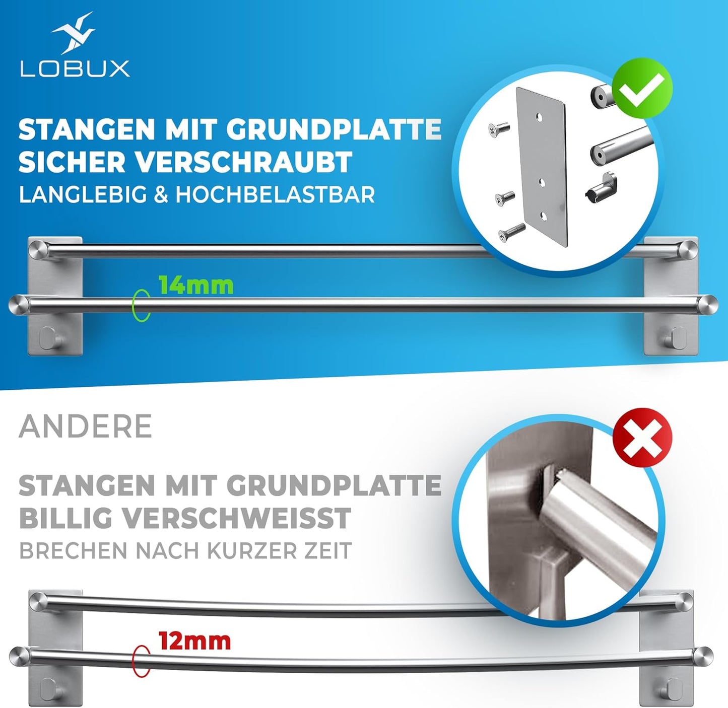 LOBUX® - Handtuchhalter ohne Bohren - 60cm, Edelstahl - Handtuchhalter Bad doppelt, selbstklebend - Handtuchhalter, Handtuchhalter inkl. 2 Handtuchhaken - für Bad, Duschwand, Küche