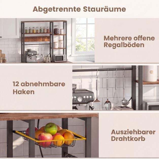 Coast 6-lagiges Küchenregal mit Steckdose – Mikrowellenregal mit ausziehbarem Drahtkorb, 12 Haken und USB-Anschluss, 99 × 40 × 170 cm – Rustikales Braun/Schwarz