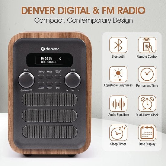 Denver - DAB48 - DAB+ Radio - Bluetooth/ FM - LCD-Bildschirm - Grau/ Braun