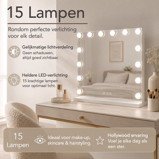 Lumirex Hollywood-Spiegel 58 x 46 cm – Make-up-Spiegel mit Beleuchtung – 15 LED-Lampen – dimmbar – 3 Lichtfarben – Smart Touch – Netzstrom – Visagie-Spiegel – Weiß