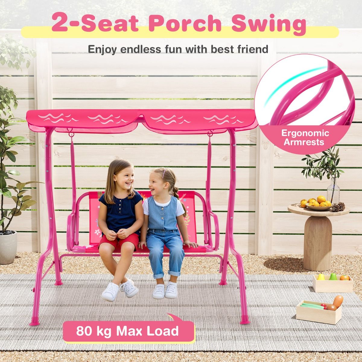 Coast Kinderschaukel 2-Sitzer für Terrasse und Außenbereich, Rosa, 112 x 76,5 x 111 cm, mit Metallgestell, verstellbarem Baldachin und Sicherheitsgurten