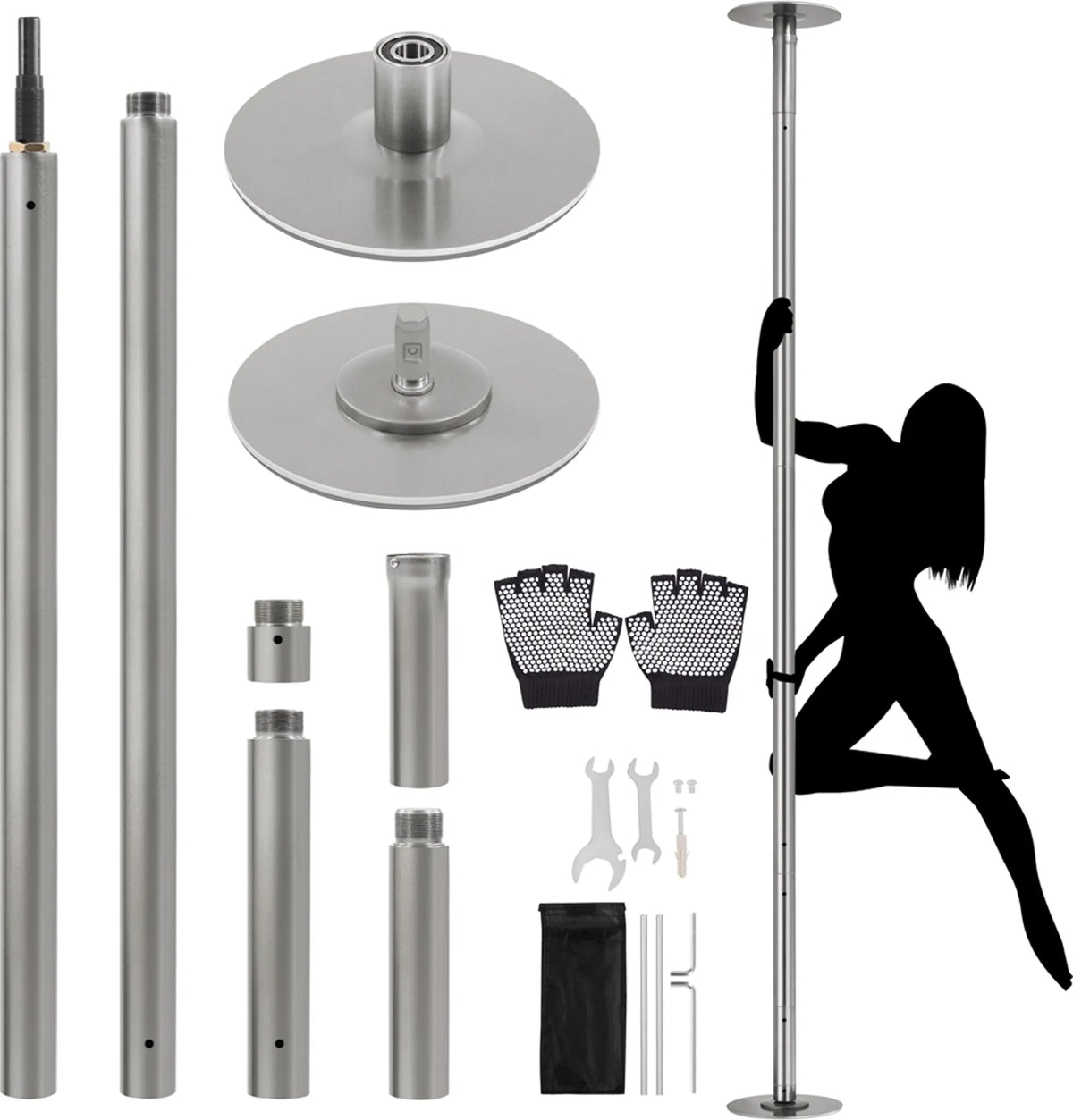 Yaheetech Tanzstange 45 mm – Statisch und drehbar – Verstellbar von 225 bis 274,5 cm – Mattsilber