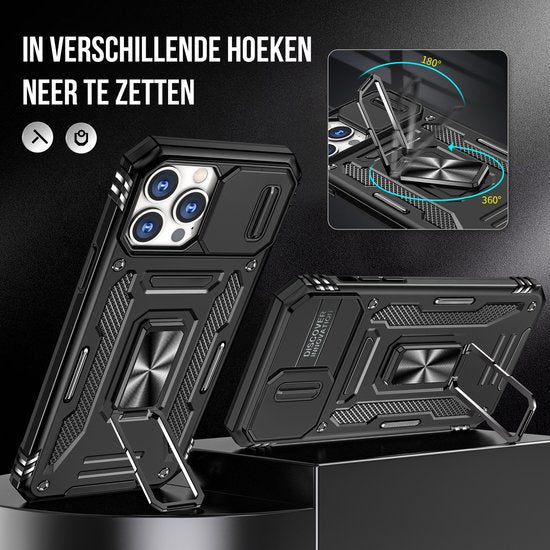 Podec Case passend für iPhone 12 Pro Schwarz Phone Case - Anti-Shock Case Cover Hybrid Armor Case mit Kickstand Ring mit Displayschutzfolie