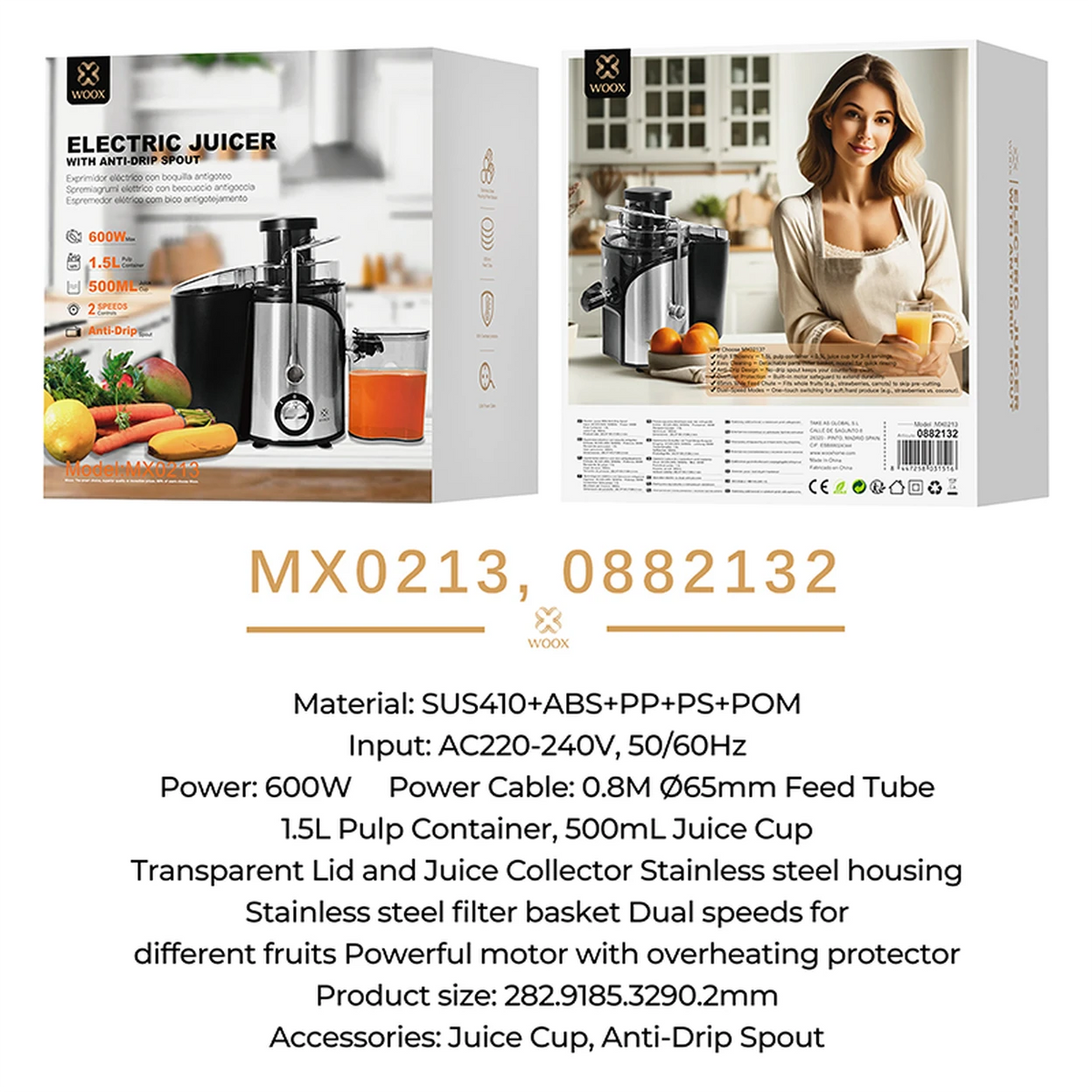 WOOX Entsafter – 600 W – Breite Einfüllöffnung – Schwarz