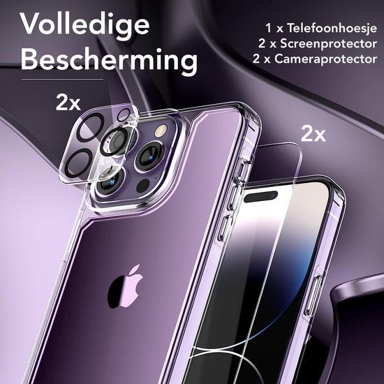 Podec Case Transparent - Bundle mit 2x Displayschutzfolie + 2x Kameraschutzfolie - Handyhülle mit Schutzglas - Case Transparent - Geeignet für iPhone 14 pro max