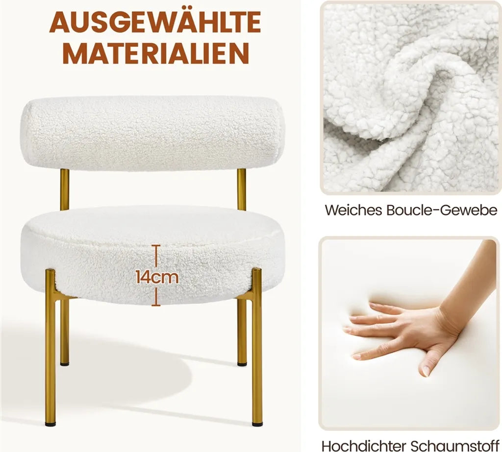 Yaheetech Lounge Chair 63 × 58 × 65 cm - Weißer Bouclé - Moderner Relaxsessel mit runder Sitzfläche und Metallbeinen