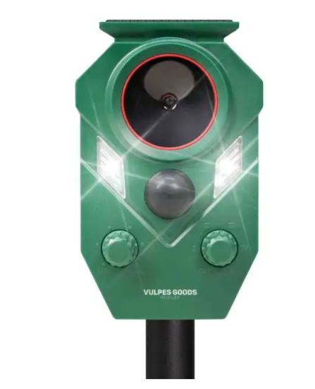 Vulpes Goods® - Katzenvertreiber Premium - 5 x 9 x 14 cm - Mit 5 Arbeitsmodi und PIR-Sensor und LED-Blitzlicht und Solarenergie - Für Garten und Balkon - Grüner Kunststoff