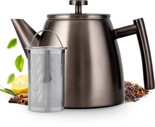 Vaja® Teekanne Juliette Gun Metal - Doppelwandig - 1 Liter - Edelstahl-Teekanne mit Filter