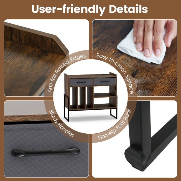 Coast Plattenshelf mit Steckdose, USB und Typ-C – Plattenspielertisch mit 3 Fächern für Schallplatten, 2 Stoffschubladen und verstellbaren Einlegeböden – 76 × 35,5 × 68,5 cm – Braun