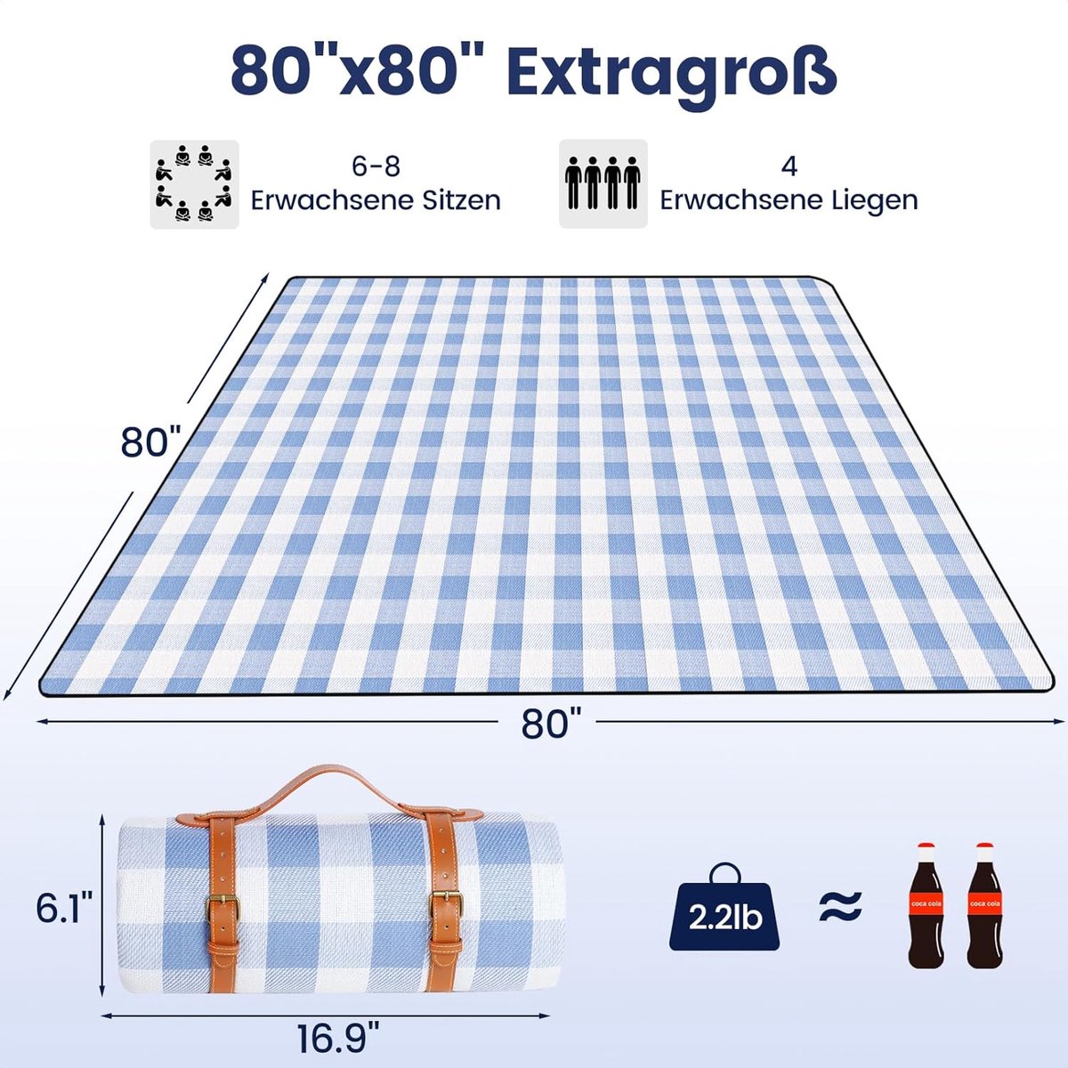 Picknickdecke XXL mit wasserdichter Unterseite – 200 x 200 cm – Ledergriff – Himmelblau/Weiß