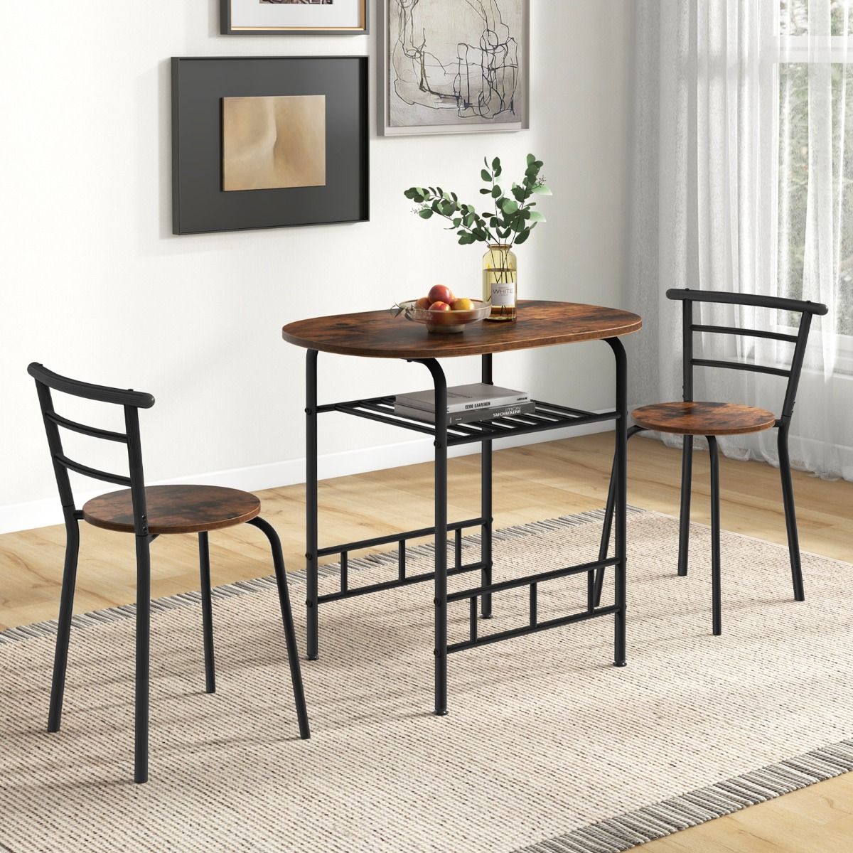 Coast Küchentisch und Stuhl Set für 2 Personen - Ovaler Tisch 80x53x77 cm mit 2 Stühlen, Weinregal, MDF und Metall, Braun/Schwarz