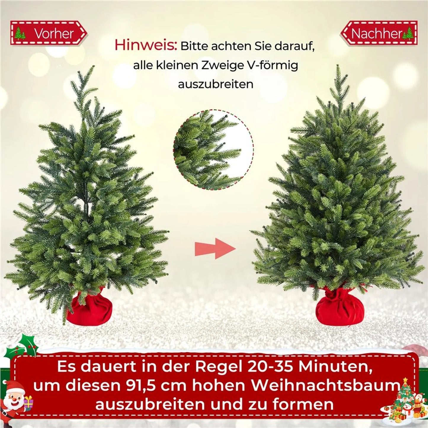 Yaheetech Künstlicher Weihnachtsbaum mit 50 farbigen Led-Lichtern - mit 143 Zweigspitzen und 8 Lichtmodi und Zementsockel - für Fensterbank und Tisch - grünes PVC und Beton - 58 x 58 x 91,5 cm