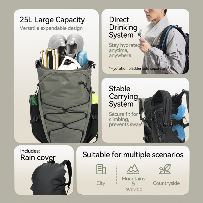 J.ZAO ochama×J.ZAO Sportserie Wanderrucksack für den Outdoor-Einsatz, 25 l, atmungsaktive Rückenstütze, wolkiges Grün