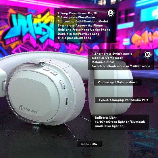 ATTACK SHARK L30PRO Kabelloses Gaming-Headset – 7.1-Surround-Sound – 50-mm-Treiber – 20 ms geringe Latenz – abnehmbares Mikrofon mit Geräuschunterdrückung – Rahmen aus Aluminiumlegierung – Tri-Mode-Konnektivität – Over-Ear-Headset – Weiß