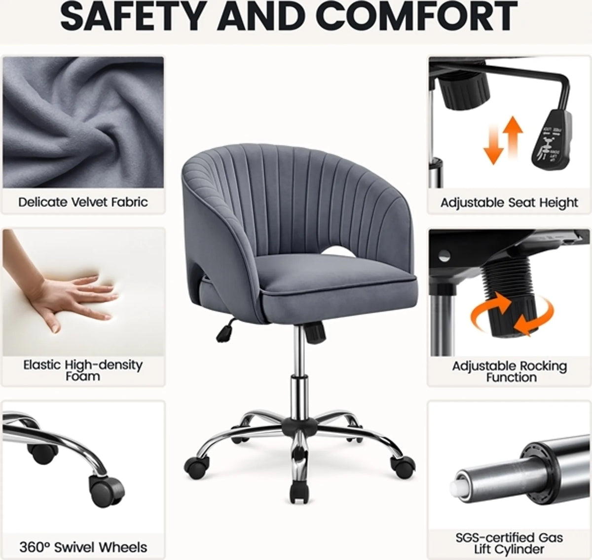 Yaheetech Bürostuhl Sessel - 60 x 56,5 x 73-83 cm - Mit samtig weicher Polsterung und verstellbarer Sitzhöhe und entspannender Schaukelfunktion - Für Büro und Empfangshalle - Dunkelgrau Polyester und Metall