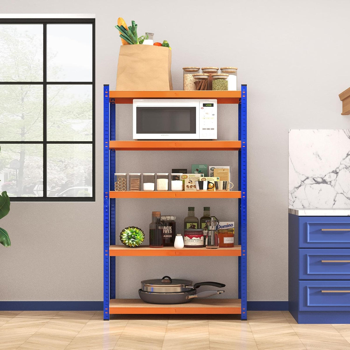 Yaheetech Regalsystem, robustes Aufbewahrungsregal, 180 x 120 x 45 cm – 875 kg Tragkraft – Orange/Blau