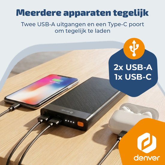 Denver Powerbank – 10.000 mAh – 22,5 W Schnellladung – LED-Anzeige – Notfallpaket – PQC10008