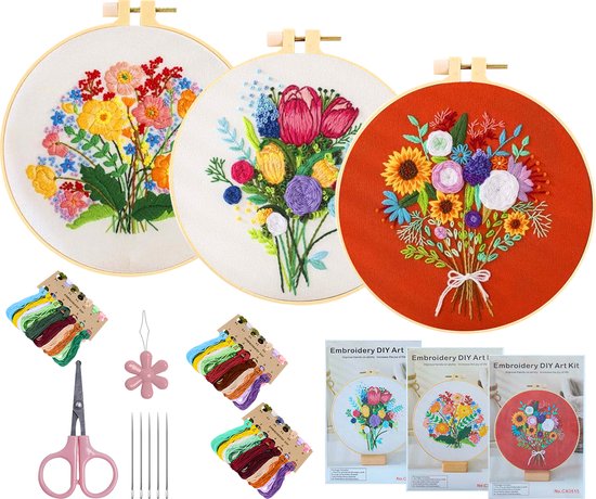 Happy Goods - Stickset Blumen - Stickset 3er Set - Sticksets für Erwachsene - Hobby und Kreatives - Sticken