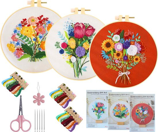 Happy Goods - Stickset Blumen - Stickset 3er Set - Sticksets für Erwachsene - Hobby und Kreatives - Sticken