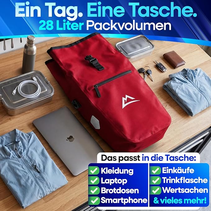 Nextcover Fahrradtasche – 28 l – TPU – Rollverschluss – Gepäckträger – Rot