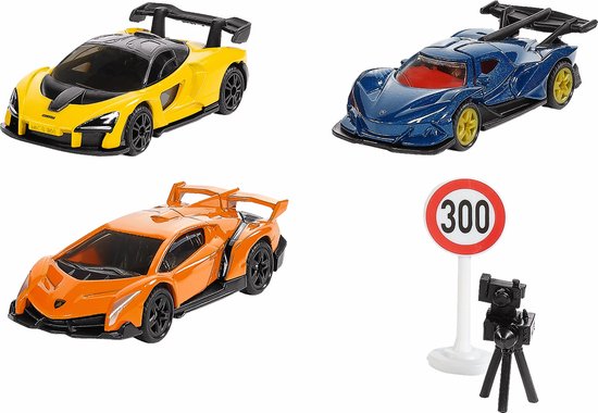 SIKU 6328, Geschenkset „Supercars“, Lamborghini Veneno, Apollo I.E., McLaren Senna, bewegliche Teile, inkl. Verkehrsschild und Blitzgerät