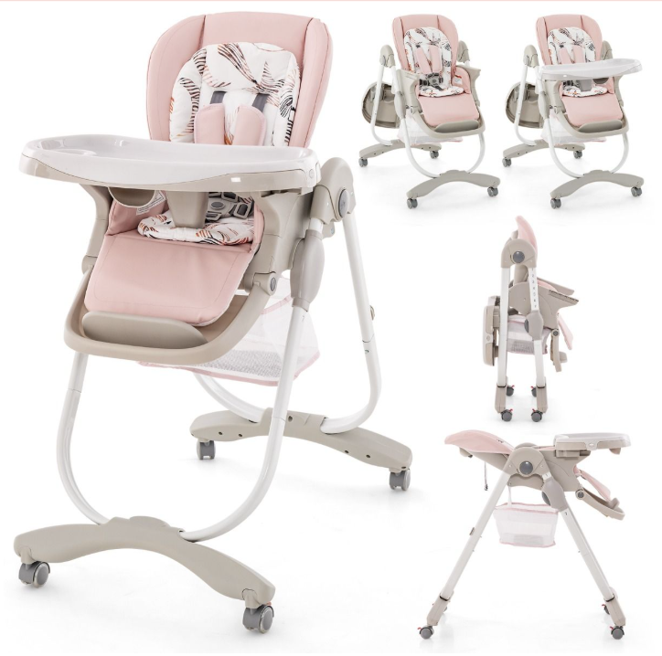 Coast Multifunktionaler Kinderhochstuhl, zusammenklappbar – Rosa – 102 x 59 x 92–110 cm – höhenverstellbar, mit Rollen