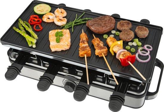 Bourgini Gourmet Raclette Pure - Gourmet-Set mit wendbarer Grill- und Backplatte - Raclette 8 Personen - 21x42 cm - PFAS-freie Beschichtung - Einstellbarer Thermostat - inkl. 8 Spachteln und Pfännchen