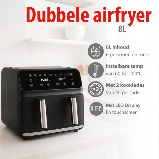alpina Doppel-Airfryer XXL – Heißluftfritteuse 2x4 l – Airfryer mit digitalem Touchscreen – Heißluftofen für 6 Personen und mehr – 8 Kochprogramme – Sync-Modus – Timer-Funktion