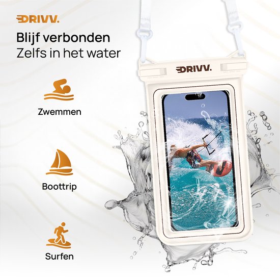 Drivv. Luxuriöse wasserdichte Handyhülle – schwimmfähig – doppelter Clipverschluss – für Handys bis zu 6,8 Zoll – Unterwasser-Handyhülle – Beige