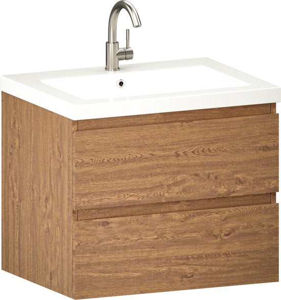 Mirlux Badmöbel Warm Oak 60 cm - Waschbecken Weiß - Badmöbel-Set - Waschbeckenschrank Warm Oak