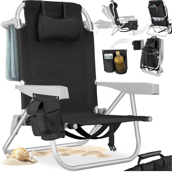tectake® Beach Chair Coral - faltbarer Campingstuhl mit Kühltasche und Aufbewahrungstasche - 5-fach verstellbare Rückenlehne mit Kopfkissen - breite Armlehnen mit Becherhalter / Telefonhalter - faltbarer Campingstuhl - Schwarz