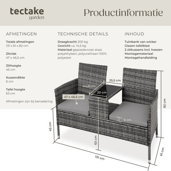 tectake - Geflecht-Gartenbank mit Tisch, 2-Sitzer-Bank, 131 x 61 x 82 cm, Bank für Gartenbalkon und Terrasse, Gartenbank inklusive Sitzkissen - grau/hellgrau - Poly-Rattan