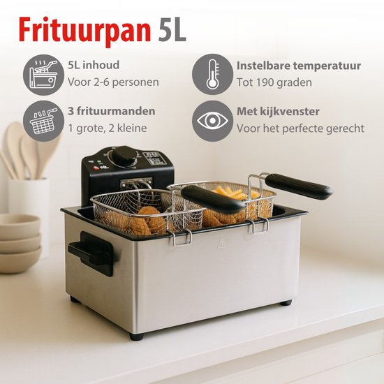 Alpina Frittierpfanne 5 Liter – Doppelte Fritteuse mit 3 Frittierkörben – Fritteuse mit einstellbarer Temperatur bis 190 °C – Frittierpfanne 2000 W – mit Sichtfenster – Edelstahl