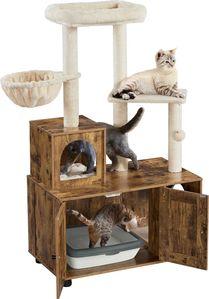 Yaheetech Kratzbaum mit Katzentoilettenmöbel 80 x 45 x 134,5 cm – Vintage-Braun/Beige – 2-in-1-Katzenmöbel mit Kratzbaum und Katzentoilettenschrank