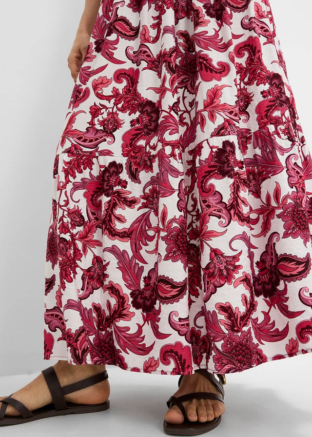 Bonprix-Maxirock aus geschmeidigem Viskose-Mix – Regular – Ahornrot/Wollweiß mit Blumenmuster