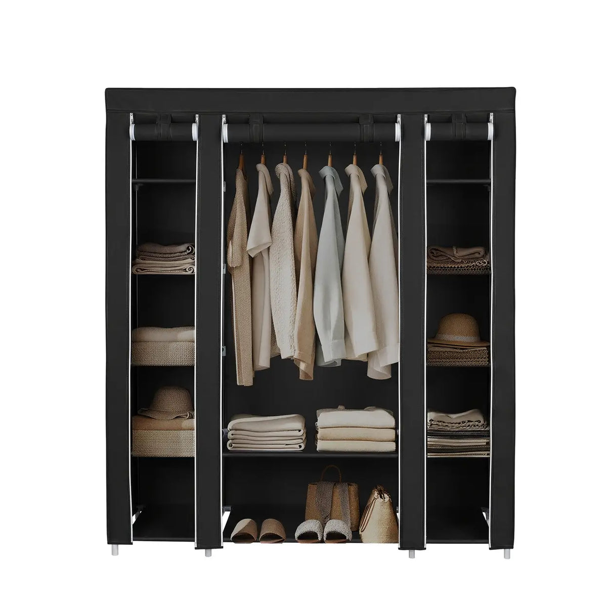 JOYFURNOS Kleiderschrank 150 x 45 x 175 cm – Schwarz – 12 Einlegeböden und Kleiderstange – Aufbewahrungsmöbel für Kleidung aus Stoff