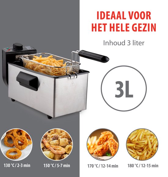 alpina Friteuse - Bratpfanne - 3 Liter - 2000 Watt - Edelstahl - Mit Thermostatknopf