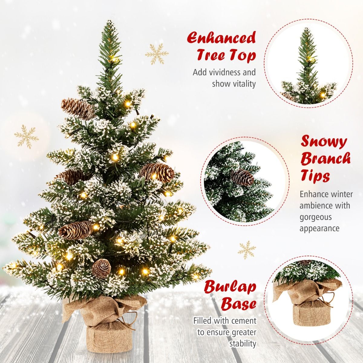 Coast Künstlicher Weihnachtsbaum Tischplatte 64 cm Grün - Mini-Weihnachtsbaum mit Schnee - 50 LED-Lichter - 8 Lichtstufen