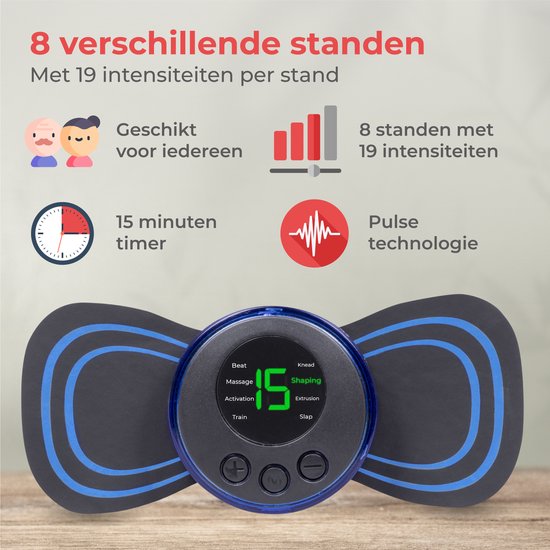 Nuvance - EMS-Massagegerät mit Steuerung - Inkl. eBook und 6 wiederverwendbaren Massagematten - Stimuliert die Durchblutung - Geeignet für Rücken, Arme und Beine - Kabellos - 8 Stufen und 19 Intensitäten - Schwarz/Blau