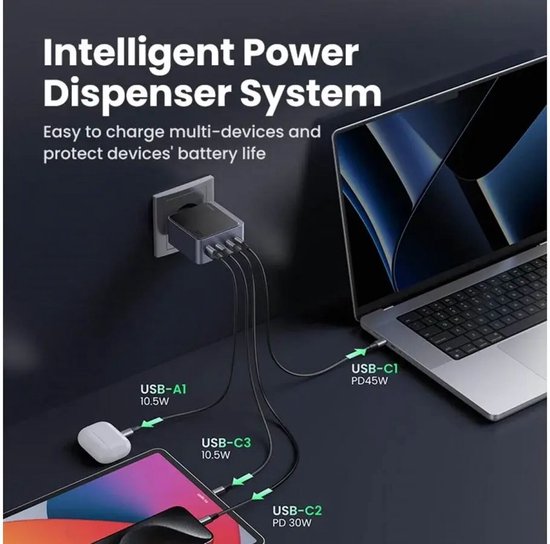 Ugreen Nexode S 100 W 4-Port-GaN-Schnellladegerät EU grau Mobilcomputer, Mobiltelefon, Laptop, Powerbank, Tablet Grau Netzteil für den Innenbereich