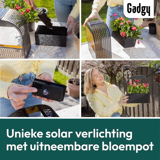 Gadgy Solar-Wandleuchte mit abnehmbarem Blumenkasten – Solarbetriebene Gartenbeleuchtung – Warmweißes LED-Licht – 30 x 25 cm – Schwarzes Metall