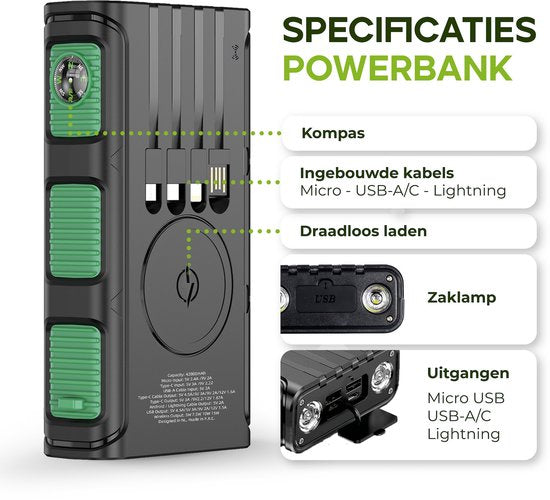 iSetchi Solar Powerbank 42800 mAh - Externer Akku - Notfallpaket - Solarstrom - Schnellladegerät - Mit Kompass und USB-C Kabel - Schnellladung 22.5W - Mit praktischer Taschenlampe - Grün/Schwarz