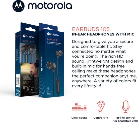 Motorola Ohrstöpsel mit Kabel 105 - In-Ear Ohrstöpsel - Inkl. 6 Silikon Ohrstöpsel in S, M und L - In-Line Mikrofon - Kristallklarer Klang - Schwarz
