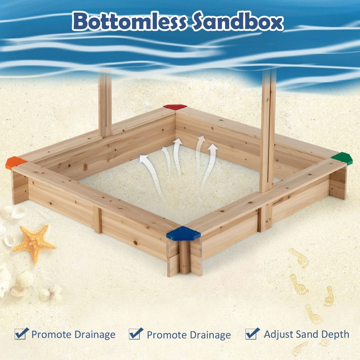Coast Holzsandkasten mit verstellbarem Sonnendach – ohne Boden – Sitzecke – blau – 121 x 121 x 120 cm