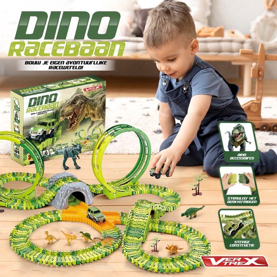 Vertrex 260-teilige Dinosaurier-Rennstrecke XXL - Dino-Spielzeug - mit 2x selbstfahrendem Safari-Auto